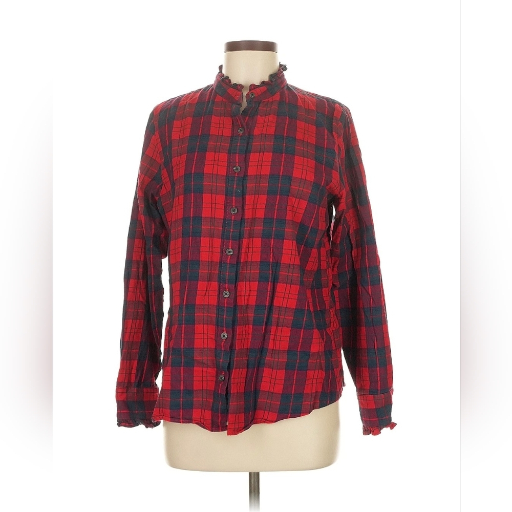 Land's End Women Red and Blue Plaid Button-Up Shirt